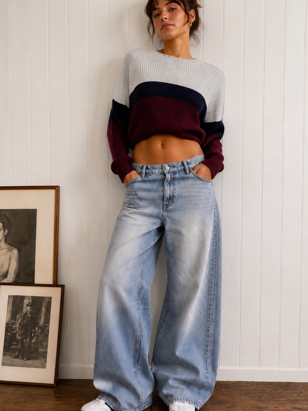 Garage‎ Size S Colorblock Knit Sweater Cream Navy Burgundy Casual Cozy Cropped
